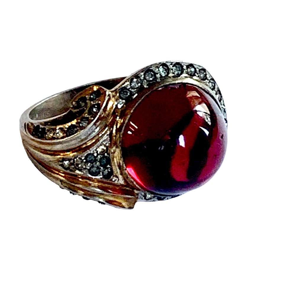 Antique Vermeil Red Cabochon Glass Sterling Silver & Gold Woman’s Ring Jewelry - Picture 3 of 9